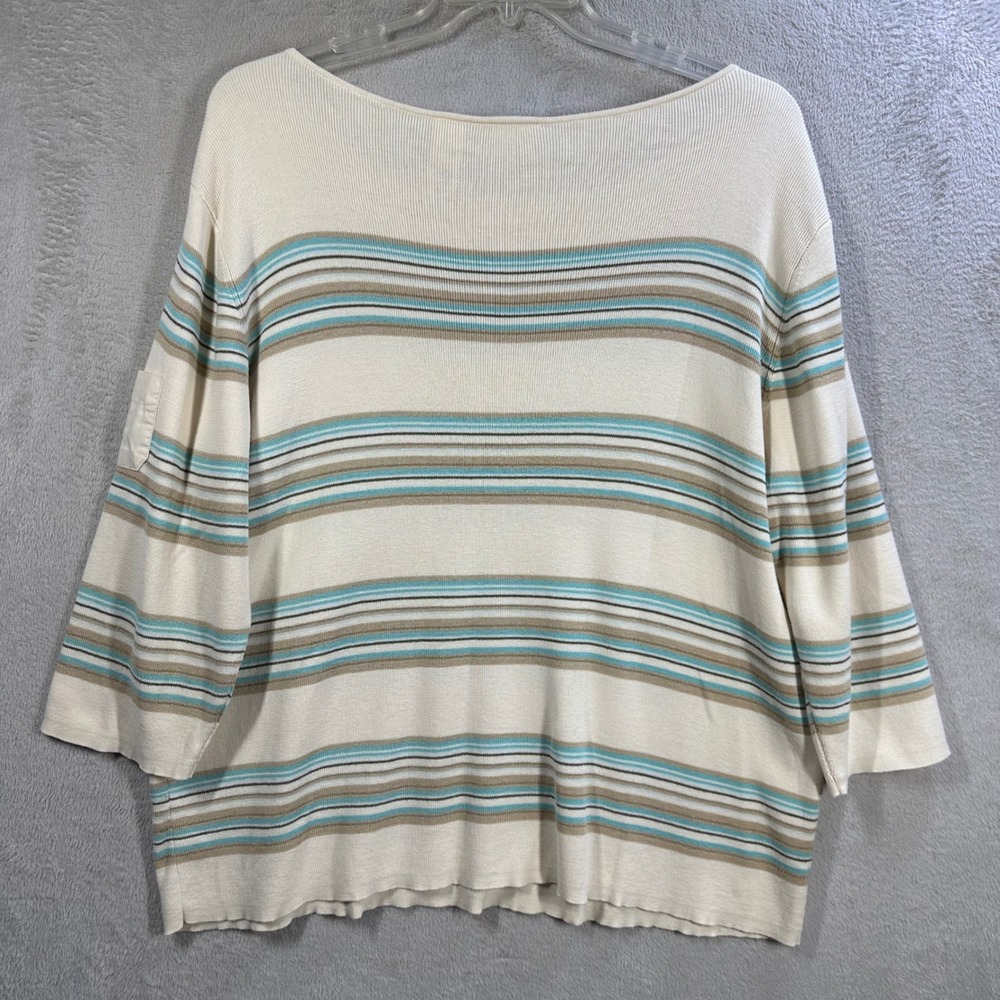 Liz Claiborne Woman Striped Boat Neck Sweater Cream Teal 3/4 Sleeve Plus Size 2X - Picture 2 of 8
